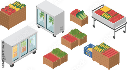 Isometric grocery store produce section with vegetables fruits refrigerated display crates market storage shelves fresh food supermarket illustration set