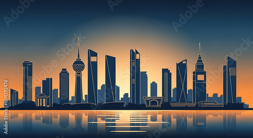 Jeddah Saudi Arabia Urban Skyline Minimalist Vector Showing Clean City Silhouette, Iconic Landmarks, Architectural Features, and Simplified Panoramic Horizon for Creative Projects