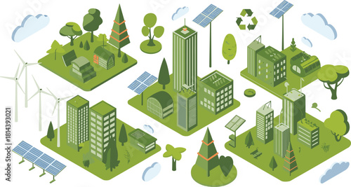 Isometric eco-friendly green city illustration with renewable energy, solar panels, wind turbines, sustainable buildings, environmental urban landscape design collection