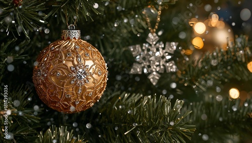 Christmas Ornaments Sparkling on a Fir Tree With Lights and Snowflakes During...
