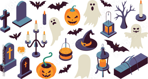 Isometric Halloween scene with haunted house graveyard pumpkins spooky trees bats ghosts cemetery night horror theme illustration for holiday design artwork