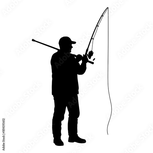 Silhouette of a man holding a fishing rod and reel isolated on white background silhouette