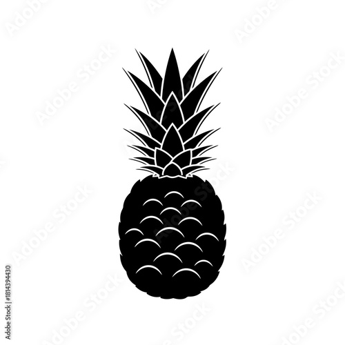 Black silhouette of a ripe pineapple fruit with spiky leaves isolated on white background