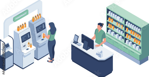 Isometric modern pharmacy interior with self-service kiosks pharmacist counter medicine shelves digital prescription pickup healthcare retail drugstore illustration