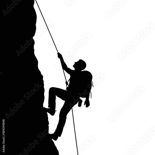 Silhouette of a person rock climbing a steep cliff face with a rope isolated on white background silhouette
