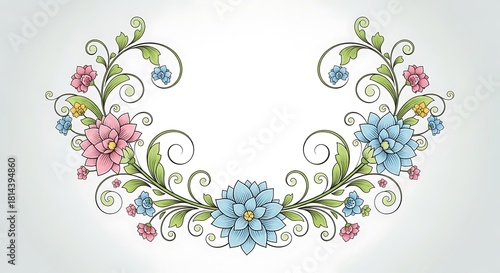 Wallpaper Mural Decorative floral border with pink and blue flowers and green leaves. Torontodigital.ca