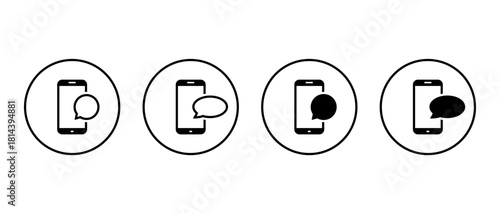 Mobile chat icon set in circular outline. Smartphone with speech bubble symbol