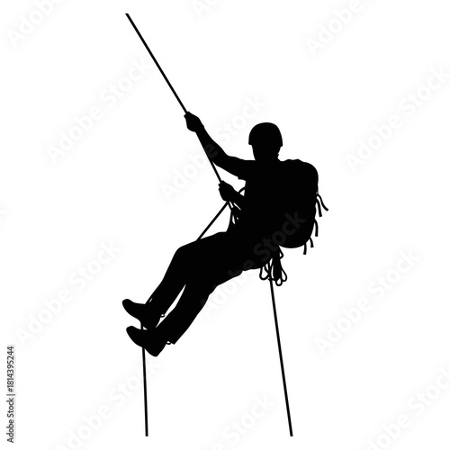 Silhouette of a person rappelling down a cliff with a backpack isolated on white background