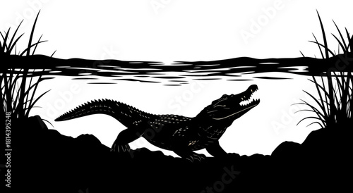 A black vector silhouette of a wild reptile that resembles a dragon or dinosaur, with a tail, isolated on a white background