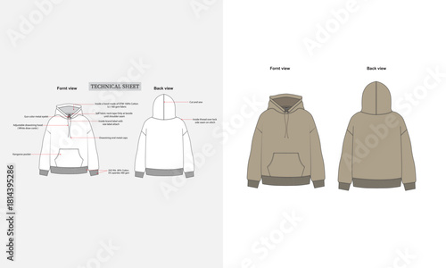 Men's Drop Shoulder Terry Fleece hoodie Fashion Design Technical Tech Pack. Men's hoodie fashion flat sketch template outline CAD mockup front and back views.