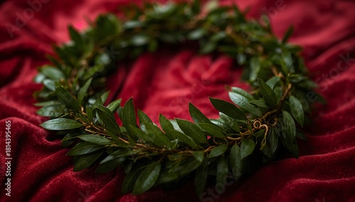 Beautiful Greenery Wreath on a Red Fabric Background for Seasonal Decoration