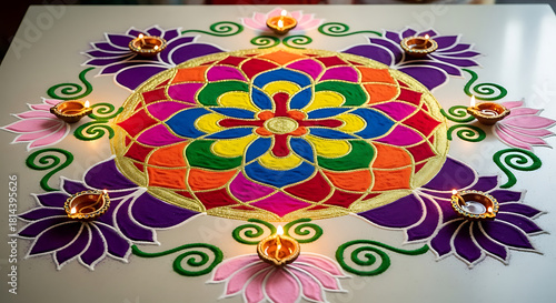 Vibrant and intricate floral rangoli design adorned with diyas creating a festive and auspicious atmosphere during diwali celebrations