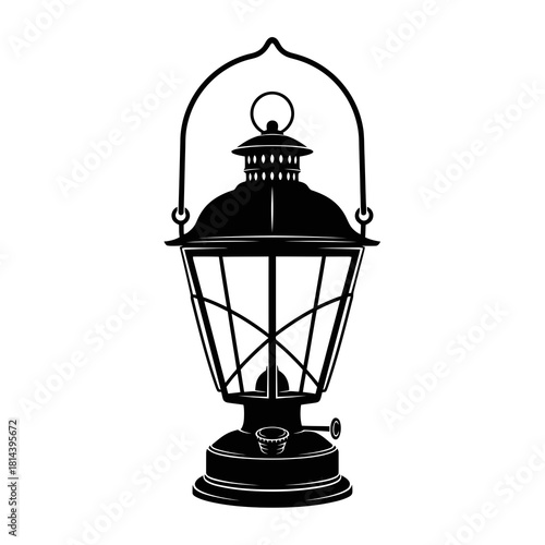 Vintage kerosene lantern silhouette hanging isolated on white background
