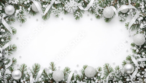 Cornice natalizia bianca con decorazioni invernali su sfondo chiaro. Generative AI