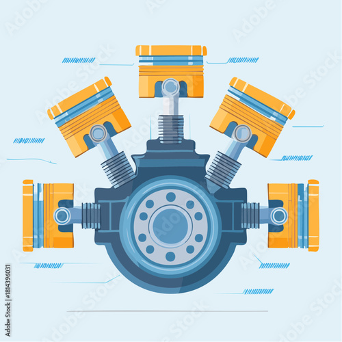 A detailed technical illustration of a W-type internal combustion engine, showcasing the intricate mechanics of the piston and crankshaft assembly