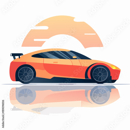 Dynamic illustration of a modern luxury sports car at sunset. Vector graphic of a fast, powerful supercar with a sleek design and reflection