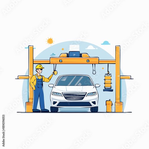 A professional mechanic in uniform standing next to a white car on a lift in a modern auto repair shop, illustrating vehicle maintenance and service