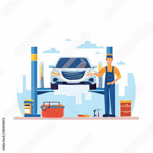 Professional mechanic standing beside a car on a hydraulic lift in a modern workshop, ready for vehicle maintenance and repair, depicting expert automotive care