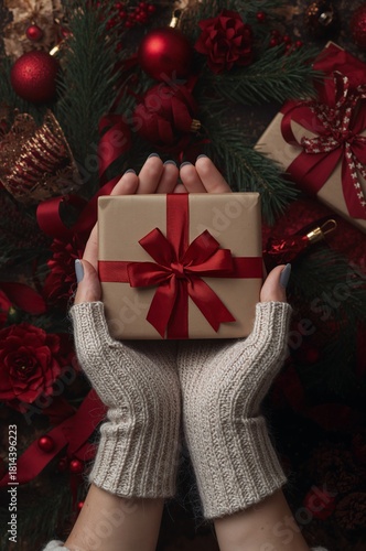 Hands Holding a Wrapped Gift in Front of a Festive Christmas Tree With Red Be...