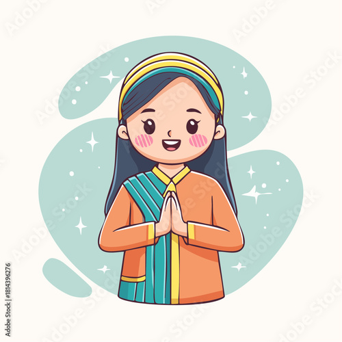A cute, charming cartoon vector illustration of a smiling young woman wearing a brightly colored, modern kebaya and a neat sanggul