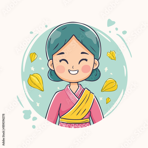 A cute, charming cartoon vector illustration of a smiling young woman wearing a brightly colored, modern kebaya and a neat sanggul