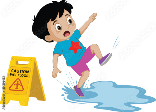 Cartoon boy slipping on wet floor, safety warning illustration, caution sign graphic, accident prevention concept, child falling in water puddle scene