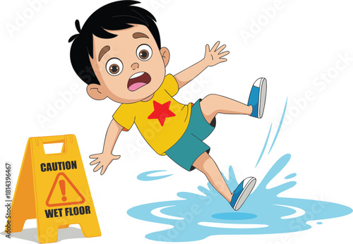 Cartoon boy slipping on wet floor, safety warning illustration, caution sign graphic, accident prevention concept, child falling in water puddle scene
