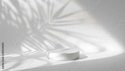 Minimalist Display of a White Platform Casting Shadows From Palm Leaves in So...