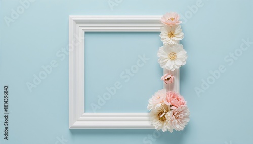 Decorative White Frame With Pink and White Flowers on a Blue Background