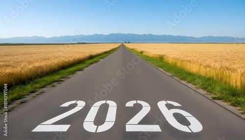 Wallpaper Mural The year 2026 painted on a long, straight road leading through golden fields to a distant horizon. Torontodigital.ca