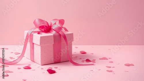 Pink Gift Box With Ribbon Surrounded by Heart Shapes on a Light Backdrop for ...