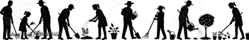Gardening silhouettes, people planting, watering plants, family teamwork, outdoor activity, eco lifestyle, children learning, garden tools, community nature care, flat vector