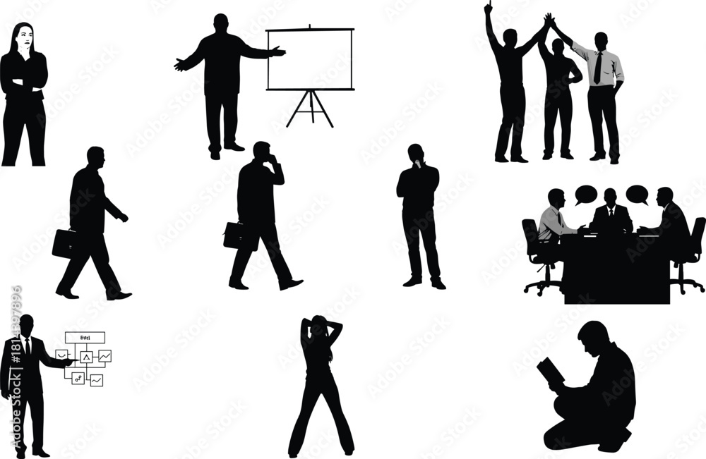 Obraz premium Flat vector silhouettes of business people, teamwork, presentation, meeting, education, stress, learning, communication, brainstorming, professional activities, office illustration