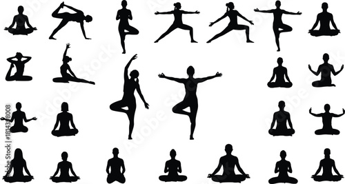 Flat vector, yoga silhouettes, meditation, balance, stretching, flexibility, mindfulness, tree pose, warrior pose, lotus position, healthy lifestyle, fitness, relaxation