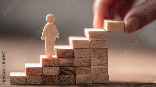 Tiny wooden figure standing on a rising staircase made of blocks with a hand adding the next step