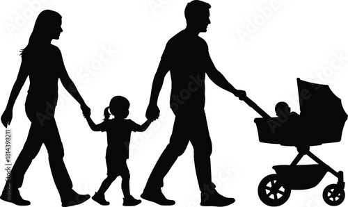 Flat vector, family silhouettes, parents with children, walking together, baby stroller, caregiving, parenting, childhood, everyday life, bonding, love, support, parenthood