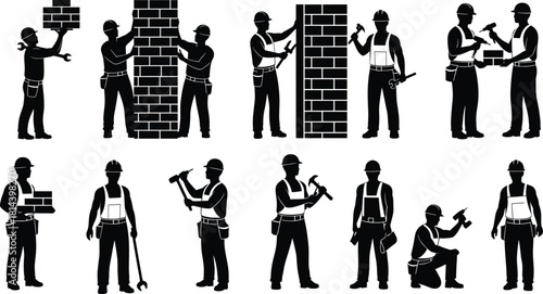 Flat vector, construction worker silhouettes, bricklaying, hammer, wrench, tool belt, teamwork, safety helmet, building wall, measuring, planning, heavy labor, construction site