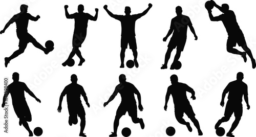 Flat vector, soccer player silhouettes, football action poses, kicking, dribbling, passing, shooting, celebration, sports training, athletic movement, competition, teamwork