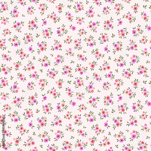 Cute floral background. Floral pattern with small orange, red and pink hand drawn flowers on ivory background. Seamless pattern for design and fashion prints. Ditsy style. Stock vector vintage art

