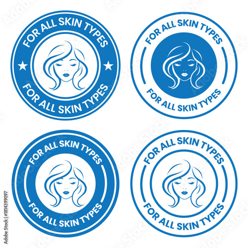 For all skin types label icon set. Face beauty women skin care packaging label for cream, toner, moisturizer, facial mask, lotion, logo, badge, symbol, black, line vector, isolated on white background