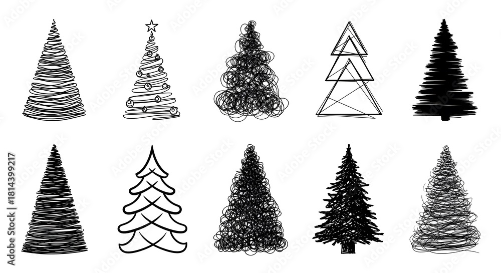 Obraz premium Collection of various stylized christmas trees isolated on white background