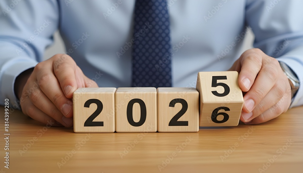 Naklejka premium A businessman in a shirt and tie changes wooden blocks from the year 2025 to 2026, symbolizing new year planning.