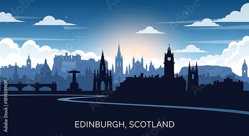 Minimalist vector depiction of Edinburgh skyline showcasing Scotland cityscape, elegant urban silhouettes, and contemporary line-art design for tourism, branding, and promotional use