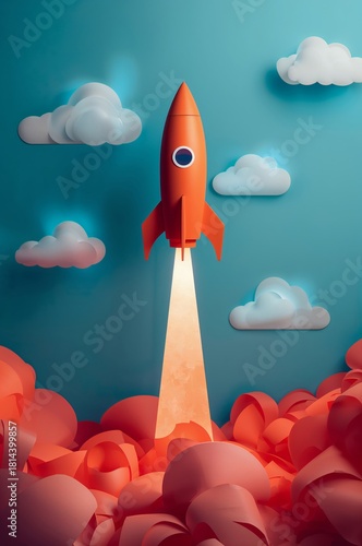Creative Rocket Launch Illustration With Clouds and Blue Background