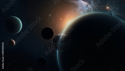Colorful Scene of Planets Orbiting a Distant Star in Deep Space