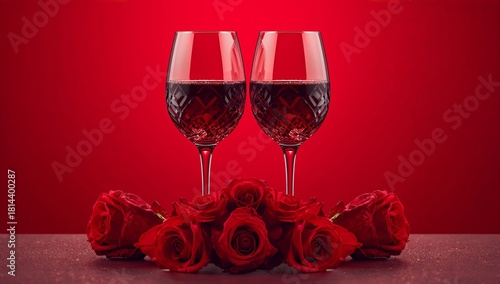 Romantic Scene With Red Wine Glasses and Roses on a Vibrant Red Background