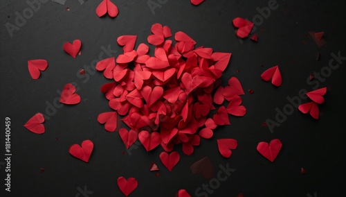 Colorful Red Heart Confetti Scattered on a Dark Background Creating a Festive...
