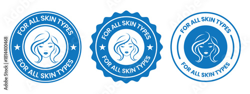 For all skin types label icon set. Face beauty women skin care packaging label for cream, toner, moisturizer, facial mask, lotion, logo, badge, symbol, black, line vector, isolated on white background