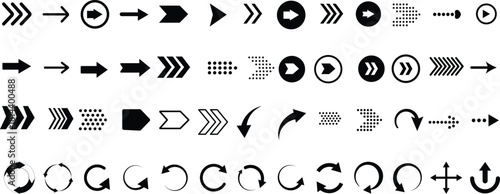 Set of black vector arrow icons for web design, showing direction and navigation with straight, curved, and circular pointers