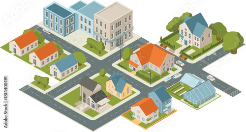 Isometric small town neighborhood with houses streets buildings trees suburban residential community illustration showing urban layout home architecture design